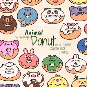 May include: A collection of colorful, cartoon-style donuts, each designed to resemble a different animal. The donuts feature various colors and designs, including a panda, cat, bear, and frog. The image includes the text "Animal Donut" and other text.