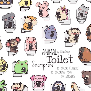 Zestaw klipartów Whimsical Animal Toilet - pliki cyfrowe SVG PNG Zabawne grafiki wektorowe Słodkie materiały do wydrukowania dla planera