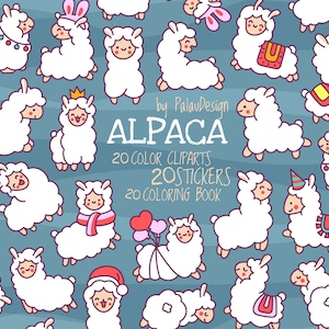 Cute Kawaii Alpaca Clipart Bundle Cartoon Character Outlines Stickers Coloring Pages Pastel Animal Illustrations for Kids Room Art