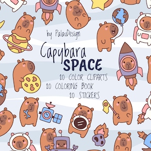 May include: A collection of cartoon capybaras in space suits and with space-themed objects like rockets, planets, and moons. The image includes the text "Capybara SPACE" and details about cliparts, coloring books, and stickers.