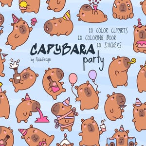 May include: A light blue background features a repeating pattern of cartoon capybaras celebrating with party hats, balloons, and drinks. Text reads "CAPYBARA party" and "20 color cliparts, 20 coloring book, 10 stickers."