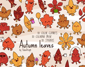 Puede incluir: Colección de hojas de otoño de dibujos animados en varios colores, incluyendo rojo, naranja y amarillo. Las hojas tienen caras sonrientes y se representan con accesorios como globos y helados. El texto dice "Autumn leaves" y "20 cliparts de color, 20 libro para colorear, 20 pegatinas."