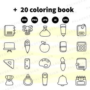 Adorable School Tools Bundle: Cartoon Line Art Clipart & Sublimation ...