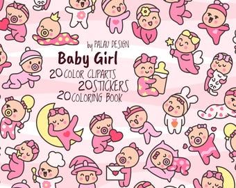 Kawaii Baby Girl Clipart Bundle – Cartoon Stickers (Digital Download)