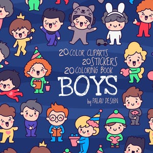 Kawaii Cartoon Boys Clipart and Coloring Pages for Kids, Cute Printable Stickers, Digital Download for Crafts and Party Decorations