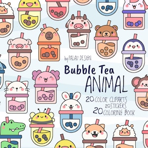 May include: A set of 20 colorful clip art images of animals drinking bubble tea. The images are in a cartoon style and are perfect for use in a variety of projects, such as coloring books, stickers, and greeting cards.