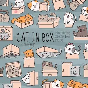 Stickers clipart et pages à colorier de chats kawaii mignons jouant dans des boîtes, personnages animaux de dessins animés pour enfants et adultes SVG et PNG