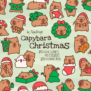 Niedliche Kawaii Weihnachten Capybara Clipart Bundle für Aufkleber Malseiten Digitaler Download Festliche Urlaub Kunst für Kinder und Basteln