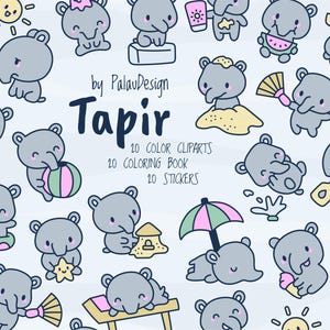 Może przedstawiać: Kolekcja ilustracji tapirów z kreskówek w różnych pozach, w tym bawiących się piłką plażową, jedzących arbuza i opalających się pod parasolem. Tekst "Tapir" jest wyświetlany ze słowami "10 COLOR CLIPARTS, 10 COLORING BOOK, 20 STICKERS".