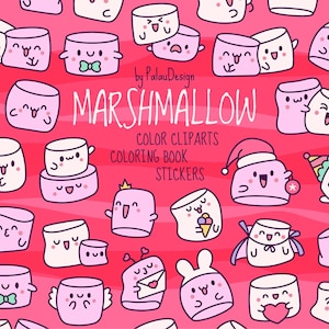 Marshmallow Clip Art Bundle: Niedliche Kawaii Charaktere, Outline Doodles, Sofort Download Dateien Lustige Vektor-Grafiken, süße Planer Printables