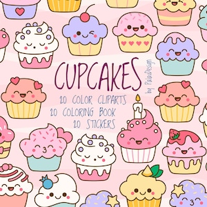 Cute Kawaii Cupcake Clipart Bundle Sweet Cartoon Characters Outline Stickers Coloring Pages Digital Download for Crafts