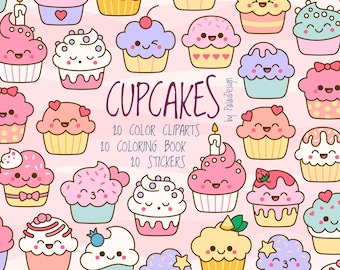 Kawaii Cupcake Clipart Bundle: Cartoon Stickers, Coloring Pages (Digital Download)