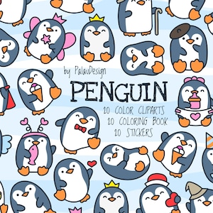 Cute Kawaii Penguin Clipart Bundle | Cartoon Penguin Stickers | Winter Animal Digital Art for Kids | Printable Penguin Coloring Pages