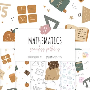 May include: A digital collection of 12 seamless patterns featuring mathematics themes, including icons of calculators, triangles, books, apples, and mathematical symbols like pi, square roots, and functions in brown, green, and white colors.