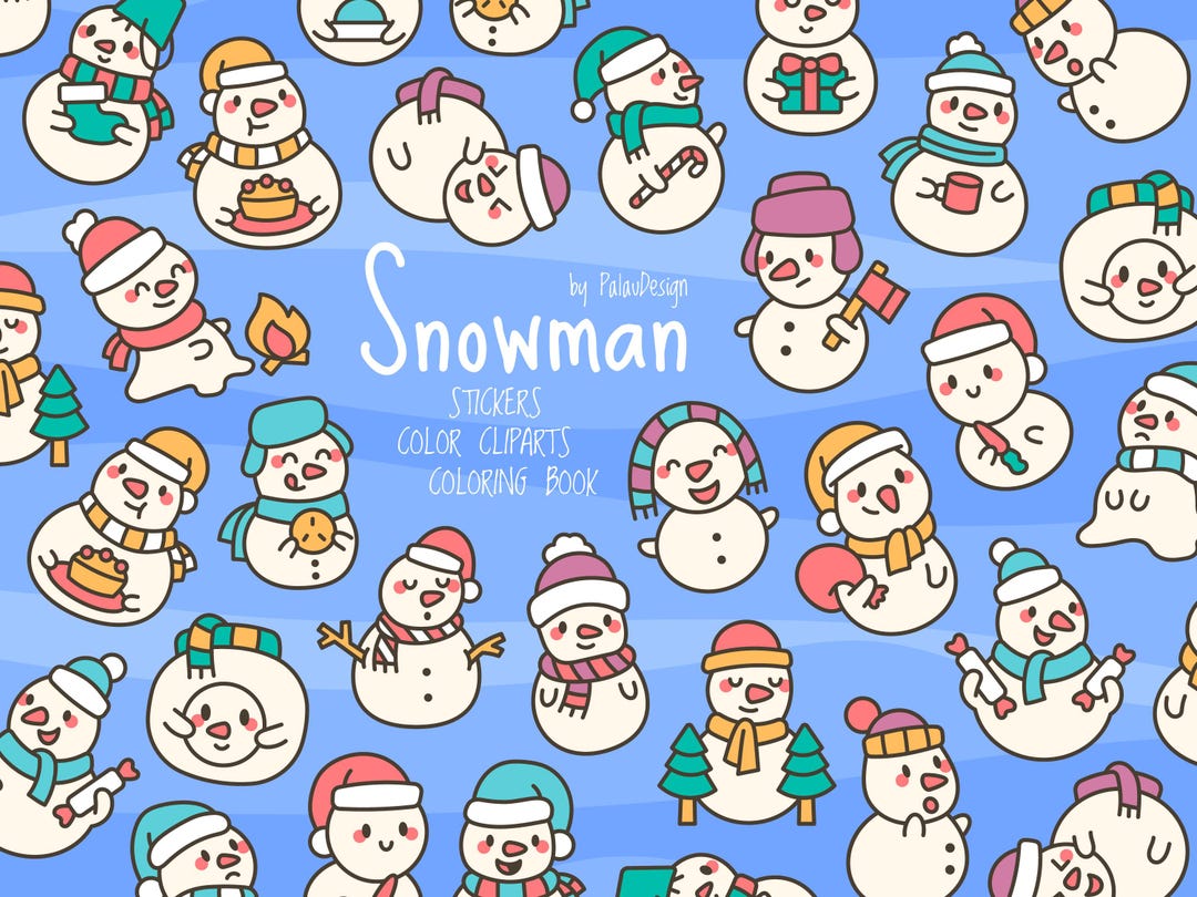 Snowman Clipart Coloring Stickers | Kawaii Christmas Vector ...