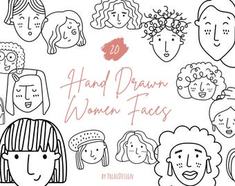 Handgezeichnete Frauen-Gesichter Bundle - 20 weibliche Porträt Line Art Schattenbild SVG PNG