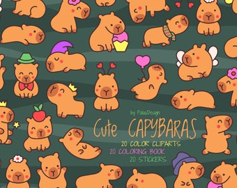 Adorable Capybaras Clip Art Set - Cute and Kawaii Pets - SVG and PNG - Editable Digital Download vector graphics Sweet Planner printables