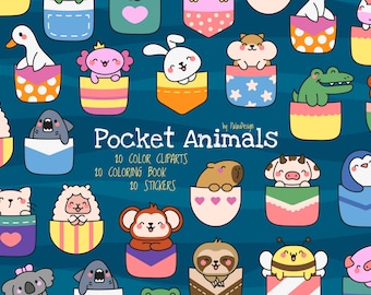 Pacote de clipart de animais de bolso Kawaii: adesivos de desenho animado, páginas para colorir (download digital)