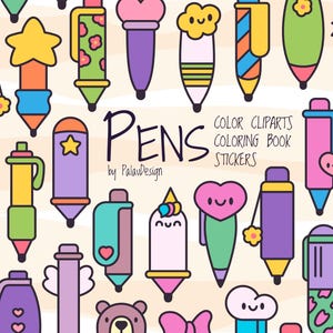 Imágenes prediseñadas de bolígrafos kawaii, páginas para colorear y pegatinas de útiles escolares: adorables bolígrafos de dibujos animados para agendas, cuadernos y regalos para niños.