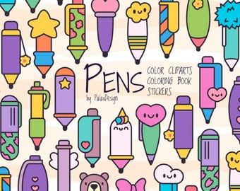 Kawaii Pens Clipart, Cartoon School Supplies (Digital Download)