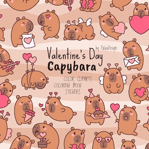 Kawaii Capybara Clipart | Cute Valentine’s Day PNG, SVG, JPG | Cartoon Animal Love Stickers, Digital Art, Coloring Pages