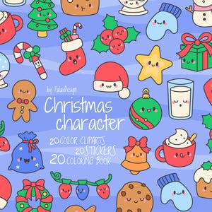 Kawaii Christmas Characters Clipart: Holiday Stickers, Coloring Pages (Digital Download)