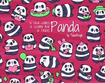 Conjunto de imágenes prediseñadas de pandas kawaii, pegatinas de osos de dibujos animados (descarga digital)