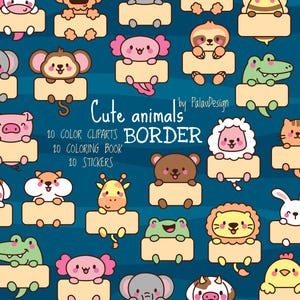 Lindos animales de dibujos animados kawaii con bordes, páginas para colorear y paquetes de pegatinas para niños y adultos, ilustraciones para descargar en formato digital
