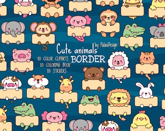 Kawaii Animals Clipart: Coloring Pages & Stickers Bundle (Digital Download)