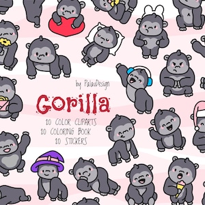 Könnte beinhalten: Eine Sammlung von Cartoon-Gorilla-Illustrationen in verschiedenen Posen, einige mit Accessoires wie Kopfhörern und einem Hexenhut. Das Wort "Gorilla" ist rot, mit Text, der 20 Farbcliparts, ein Malbuch und Aufkleber angibt.