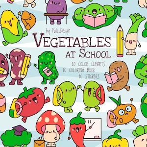 Kawaii Vegetables Clipart: School Veggie Stickers & Coloring Pages (Digital Download)