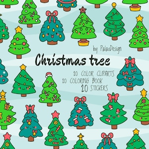 Kerstboom schattige kawaii clipartbundel - schattige feestelijke contouren voor kaarten, stickers, kleurplaten en kerstversieringen