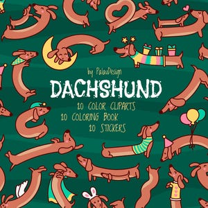 Cute Kawaii Dachshund Clipart Bundle Funny Cartoon Dog Characters for Stickers Coloring Book Cards Sublimation and Pet Lovers