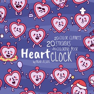 Reloj de corazón kawaii Clipart / Lindo día de San Valentín PNG, SVG, JPG / Pegatinas de temporizador de amor de dibujos animados, arte digital, páginas para colorear