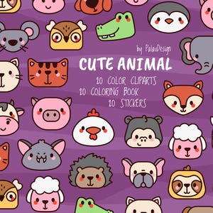 Cute Animal Face Clipart Set – Kawaii Cartoon Animal Head Illustrations for Kids Stickers, Coloring Pages and Craft Projects