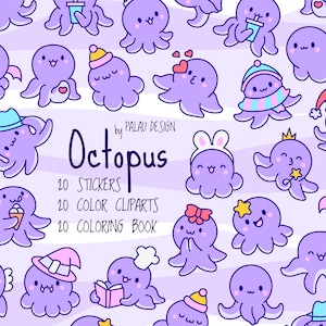 Pacchetto di clipart di polpi kawaii carini, personaggi di animali marini divertenti per adesivi, libri da colorare, carte da sublimazione e amanti dell'oceano