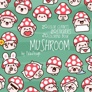 Op de afbeelding: Een verzameling cartoon paddenstoel illustraties met rood-witte stippen doppen en lachende gezichten. De afbeelding bevat de tekst "Mushroom" en details over cliparts, stickers en een kleurboek, alles op een groene achtergrond.