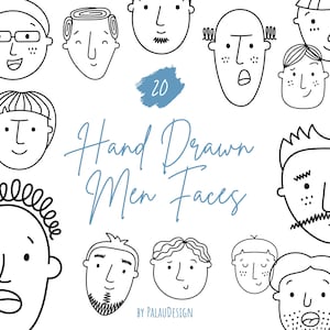 Könnte beinhalten: Eine Sammlung von 20 handgezeichneten Gesichtern im minimalistischen Stil. Die Gesichter sind schwarze Strichzeichnungen mit verschiedenen Ausdrücken und Frisuren. Der Text "Hand Drawn Men Faces" ist in Schreibschrift geschrieben.