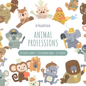 May include: A digital collection of animal illustrations titled ANIMAL PROFESSIONS BY PALAUDESIGN, featuring 20 color cliparts, 20 coloring book pages, and 20 stickers. The set includes various cartoon animals in different professional roles.