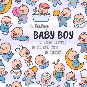 Cute Baby Boy Clipart Bundle - Kawaii Newborn Cartoon Stickers and Coloring Pages for Baby Shower, Nursery Decor, and Scrapbooking