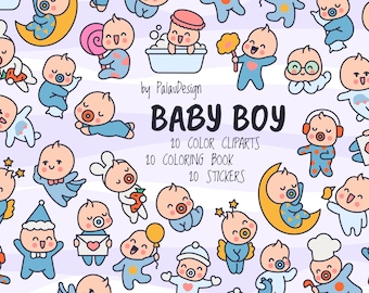 Paquete de imágenes prediseñadas de bebé niño: dibujos animados kawaii (descarga digital)