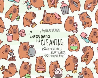 Outline Capybara Cleaning Clipart: Kawaii Characters & Coloring Sheets (Digital Download)
