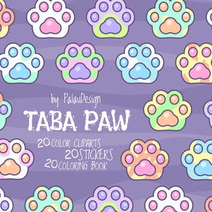 Könnte beinhalten: Eine digitale Illustration von 20 bunten Pfotenabdrücken in verschiedenen Pastellfarben. Die Pfotenabdrücke sind in einem sich wiederholenden Muster auf einem violetten Hintergrund angeordnet. Der Text "TABA PAW" ist in Weiß mit schwarzem Umriss geschrieben. Unter dem Text steht "20 COLOR CLIRPARTS 20 STICKERS 20 COLORING BOOK".