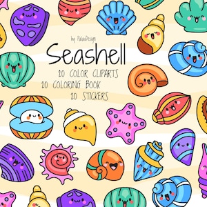 Cute Kawaii Seashell Clipart Set with Funny Cartoon Shell Characters for Kids Crafts Sublimation Printables Scrapbooking PNG SVG jpg ai eps