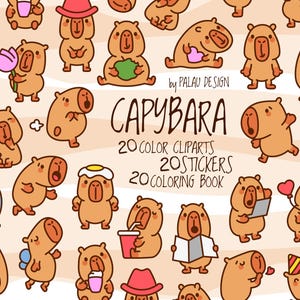 Conjunto de imágenes prediseñadas de carpinchos: carpinchos kawaii para pegatinas, páginas para colorear, agendas, manualidades digitales e imprimibles de animales.