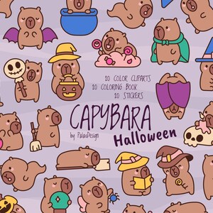 May include: A set of 20 Halloween-themed clip art images featuring capybaras in various costumes and activities. The images are in a cartoon style and include a variety of colors, such as orange, purple, green, and brown. The text "CAPYBARA HALLOWEEN" is written in a large, bold font at the bottom of the image.