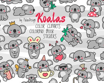 Könnte beinhalten: Ein Set mit 20 niedlichen Koala-Clipart-Illustrationen in verschiedenen Posen, darunter schlafend, ein Herz haltend, einen Partyhut tragend und ein Geschenk haltend. Die Illustrationen sind in Schwarzweiß und perfekt für Malbücher, Sticker oder andere kreative Projekte. Der Text "Koalas" ist oben im Bild in Rot geschrieben, darunter die Worte "Color Clipart, Coloring Book, Stickers".