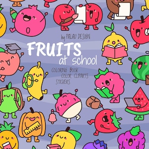 Cute Kawaii Fruit Clipart - Fun School Fruits Coloring Pages and Stickers - Adorable Cartoon Fruits for Planners, Notebooks, Kids Gifts