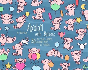 Paquete de imágenes prediseñadas de globos de ajolote: pegatinas y páginas para colorear (descarga digital)