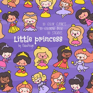 Little Princess Clipart Bundle Cute Kawaii Vector Illustrations Stickers Coloring Pages Digital Download for Kids Girls Party Decorations
